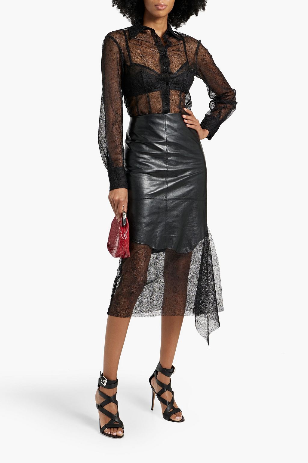 HELMUT LANG Lace-trimmed leather midi skirt