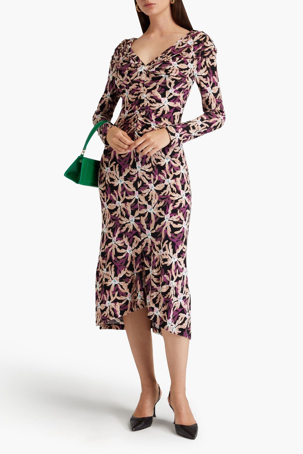 DIANE VON FURSTENBERG فستان متوسط الطول Sylviana مصنوع من الجيرسي بتأثير مزموم ومزين بطبعة الأزهار