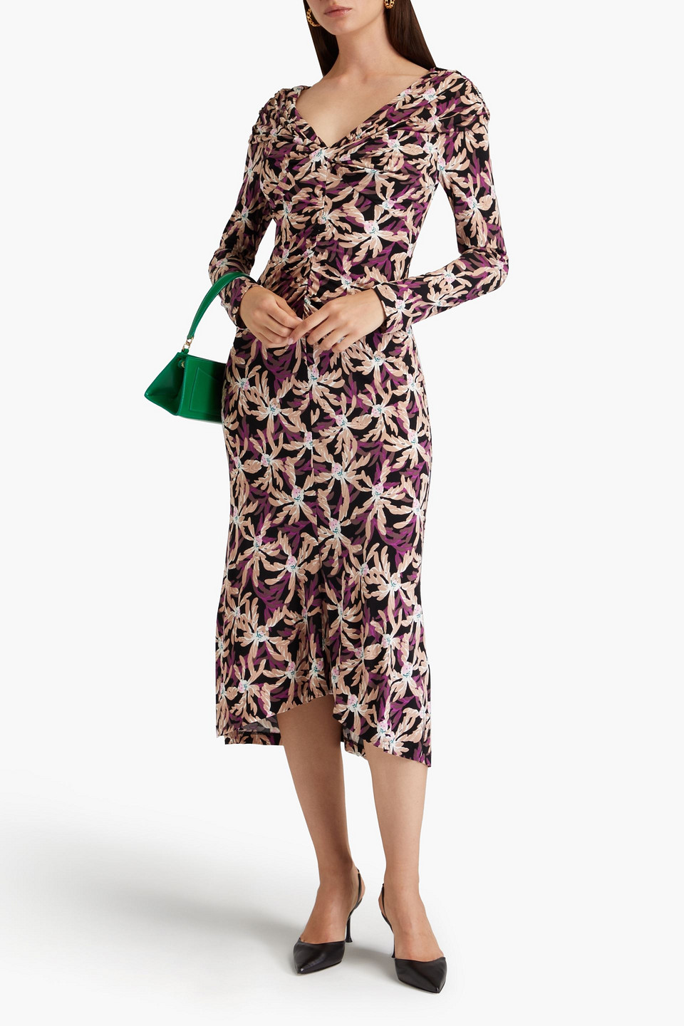 DIANE VON FURSTENBERG SYLVIANA RUCHED FLORAL-PRINT JERSEY MIDI DRESS