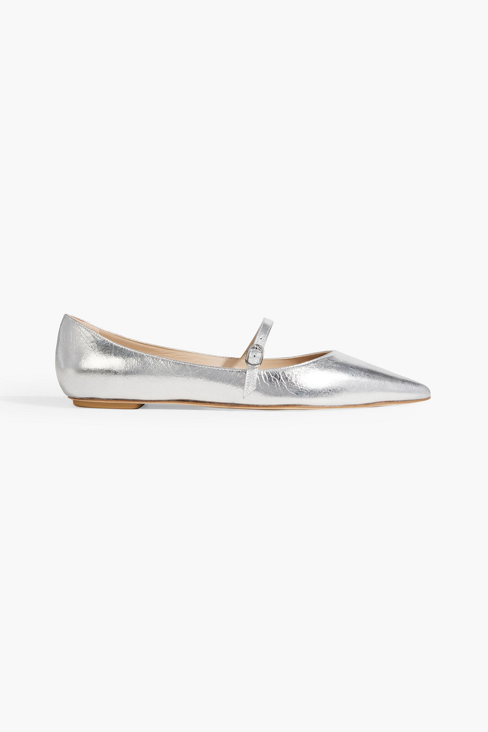 Stuart Weitzman Emilia Metallic Leather Point-toe Flats In Silver