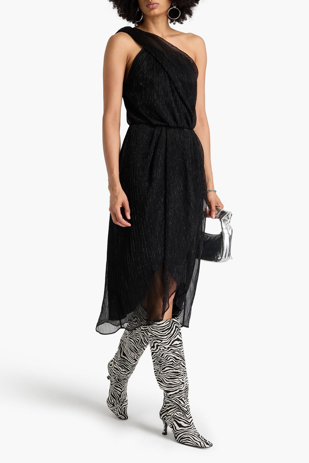 IRO Catija one-shoulder wrap-effect metallic crepon maxi dress