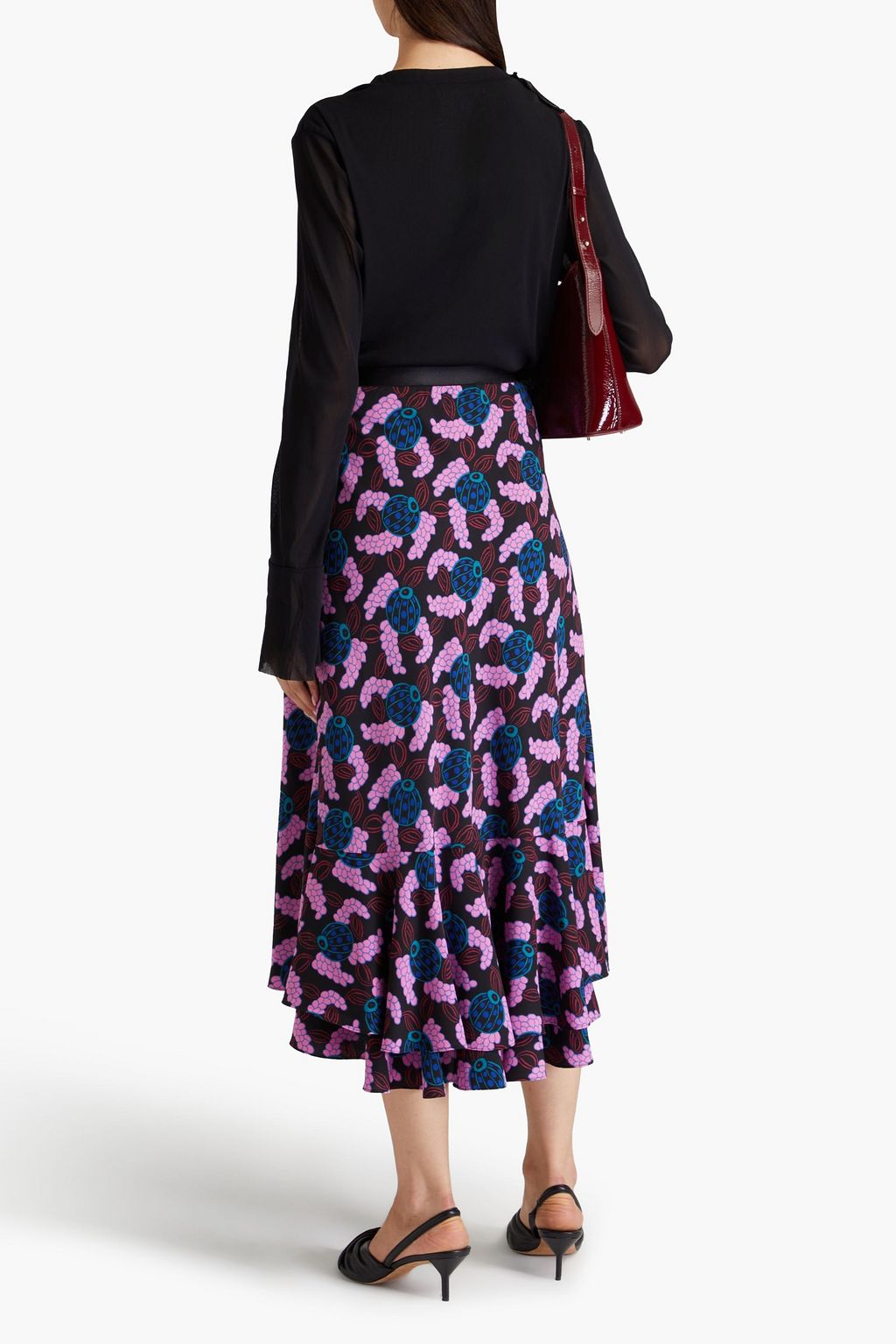 DIANE VON FURSTENBERG تنورة Debra متوسطة الطول وبطبقات متدرجة مصنوعة من الكريب ومزينة بطبعات