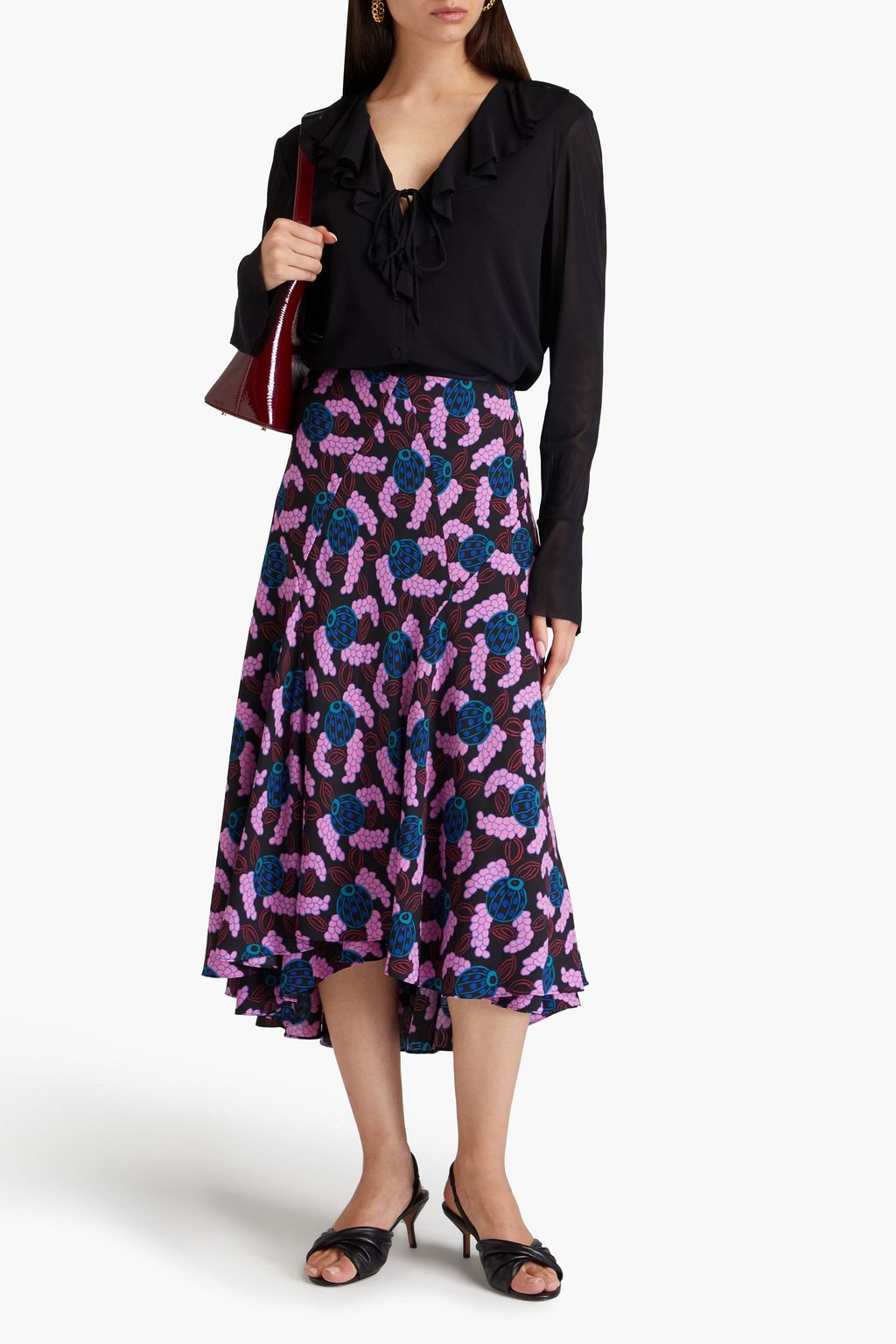 DIANE VON FURSTENBERG تنورة Debra متوسطة الطول وبطبقات متدرجة مصنوعة من الكريب ومزينة بطبعات