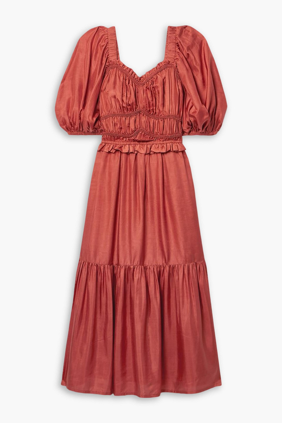 Sea Kyle Gathered Corded Silk-satin Midi Dress In Coral