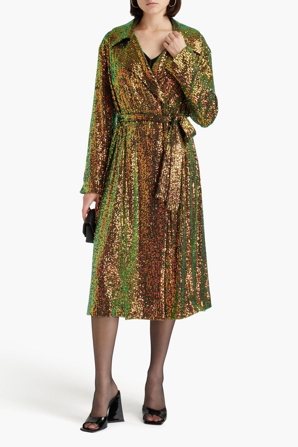 Shop Stine Goya Paulos Iridescent Sequined Tulle Trench Coat In Green