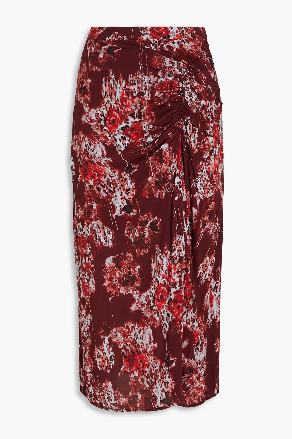 IRO ALISE RUCHED PRINTED CREPE DE CHINE MIDI SKIRT
