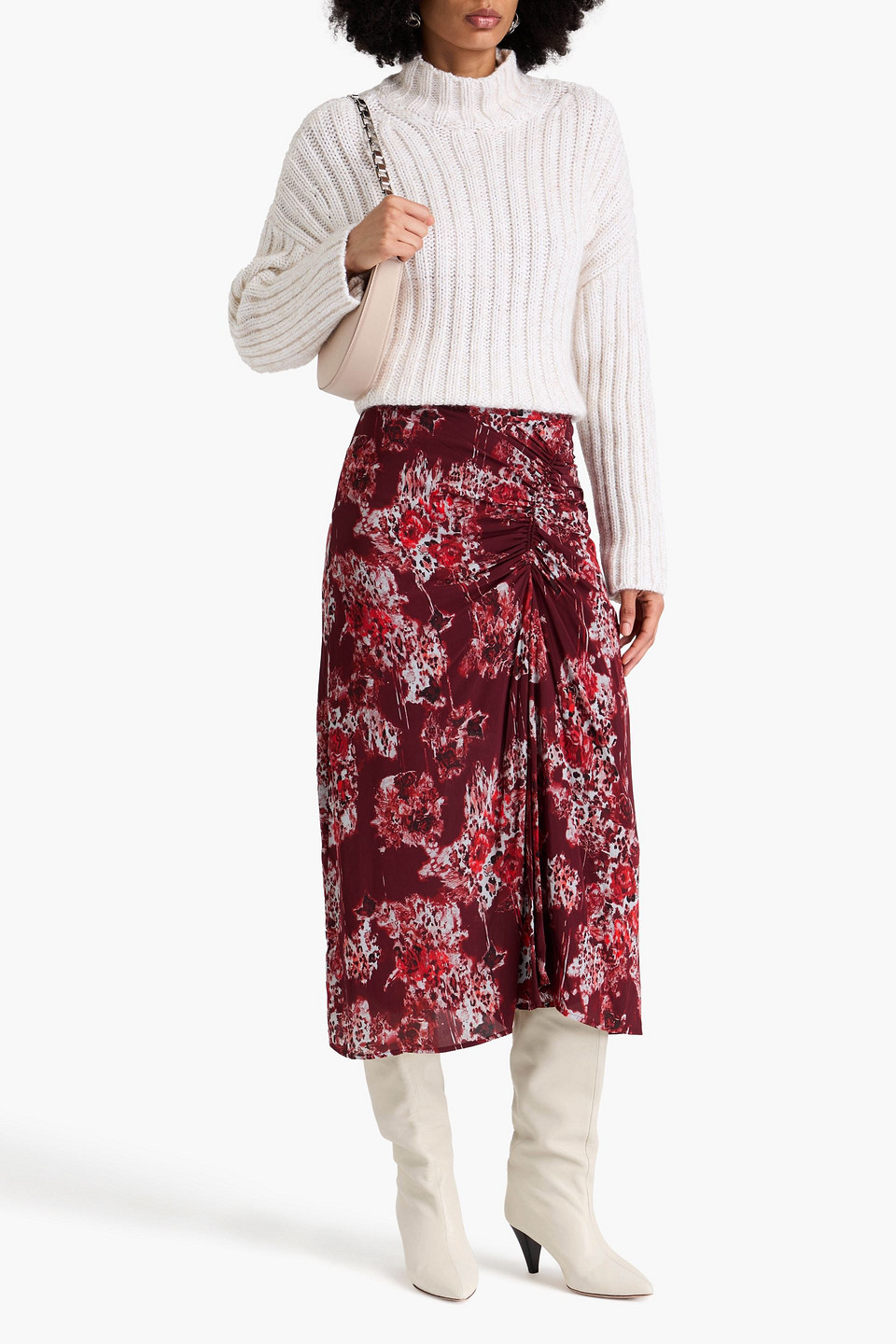 IRO ALISE RUCHED PRINTED CREPE DE CHINE MIDI SKIRT