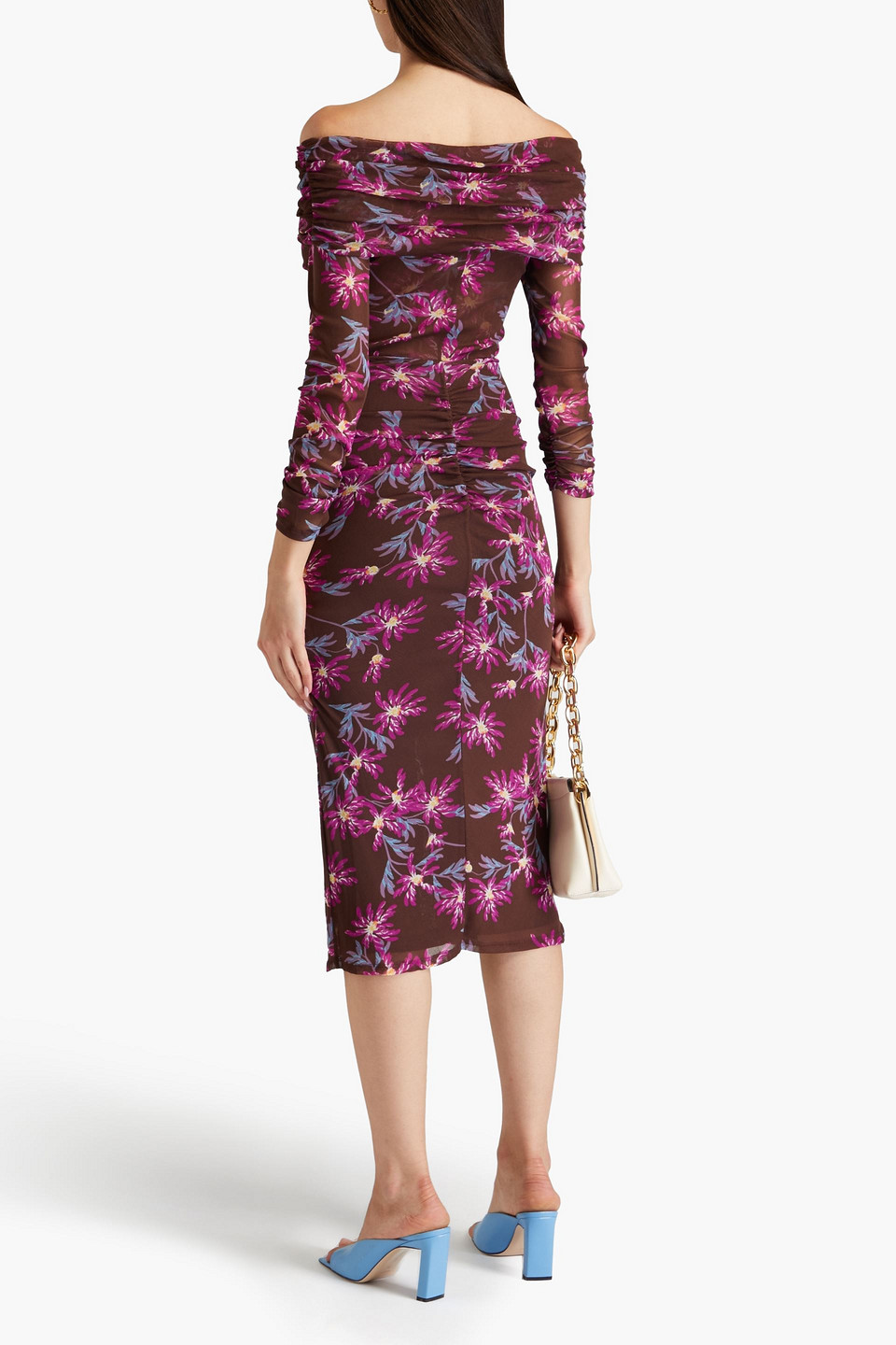 DIANE VON FURSTENBERG CLEMENTINE RUCHED FLORAL-PRINT STRETCH-MESH MIDI DRESS