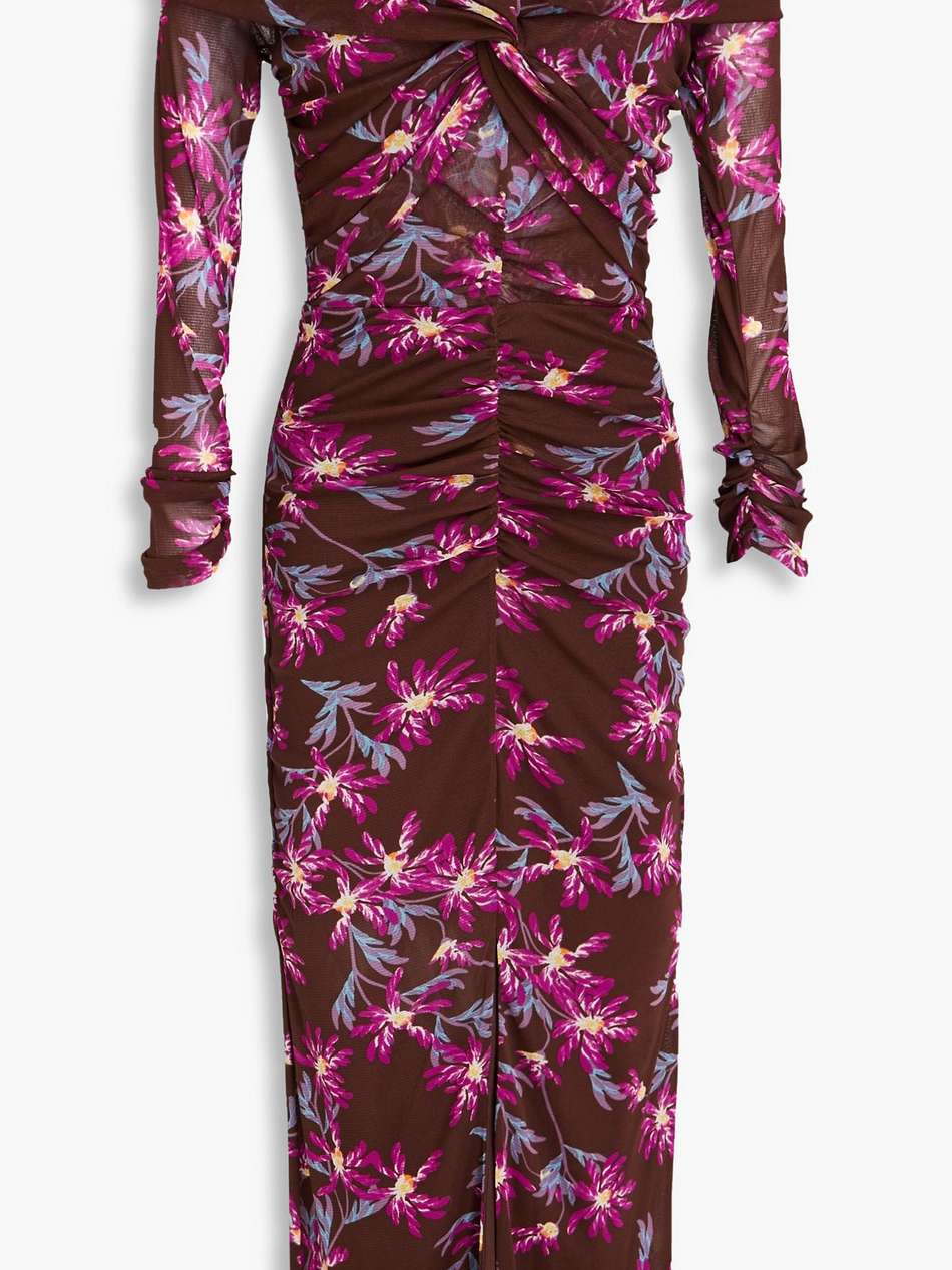 clementine ruched floral-print stretch-mesh midi dress