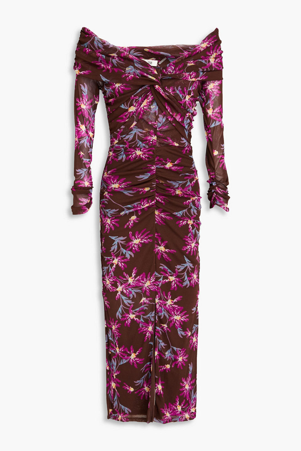 DIANE VON FURSTENBERG CLEMENTINE RUCHED FLORAL-PRINT STRETCH-MESH MIDI DRESS