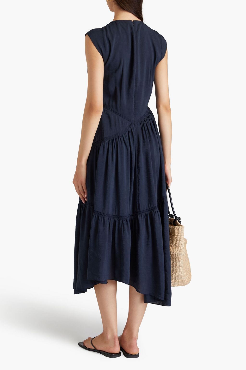 FRAME Lace-trimmed linen-blend seersucker midi dress