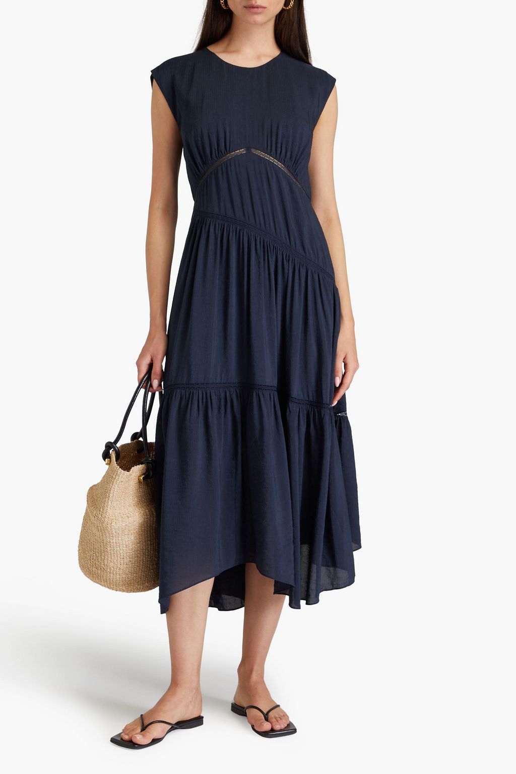 FRAME Lace-trimmed linen-blend seersucker midi dress