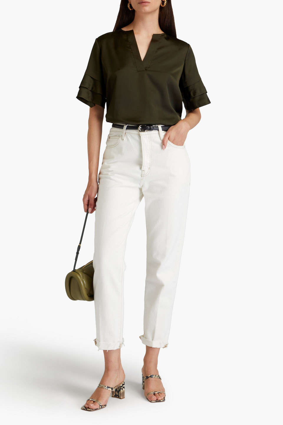 Shop Frame Ruffled Satin Blouse In Army Green