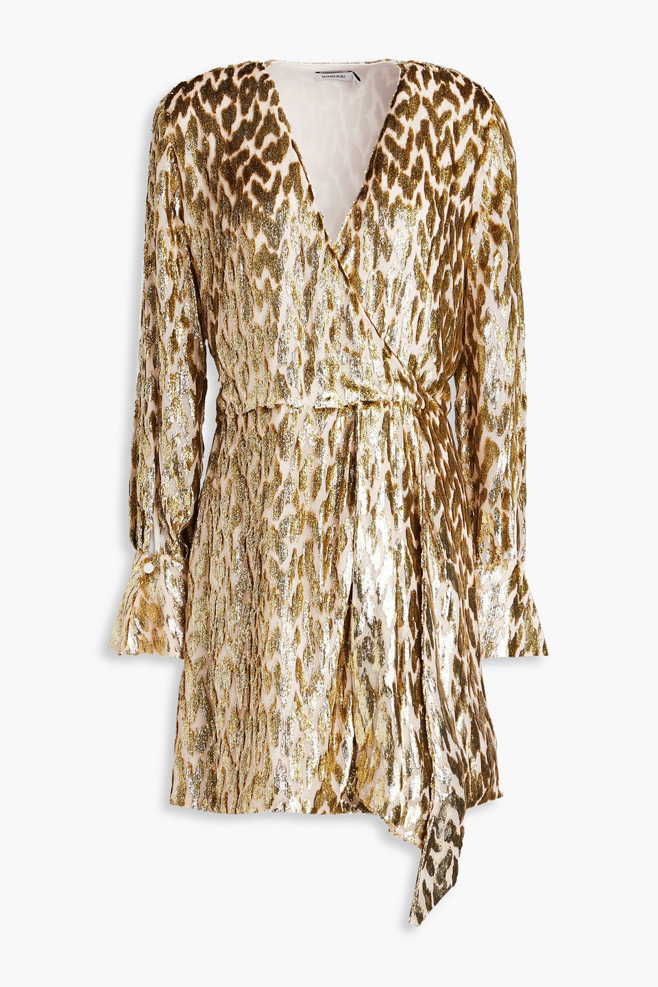 SIMKHAI CAMRYN WRAP-EFFECT METALLIC FIL COUPÉ LUREX AND SILK-BLEND MINI DRESS