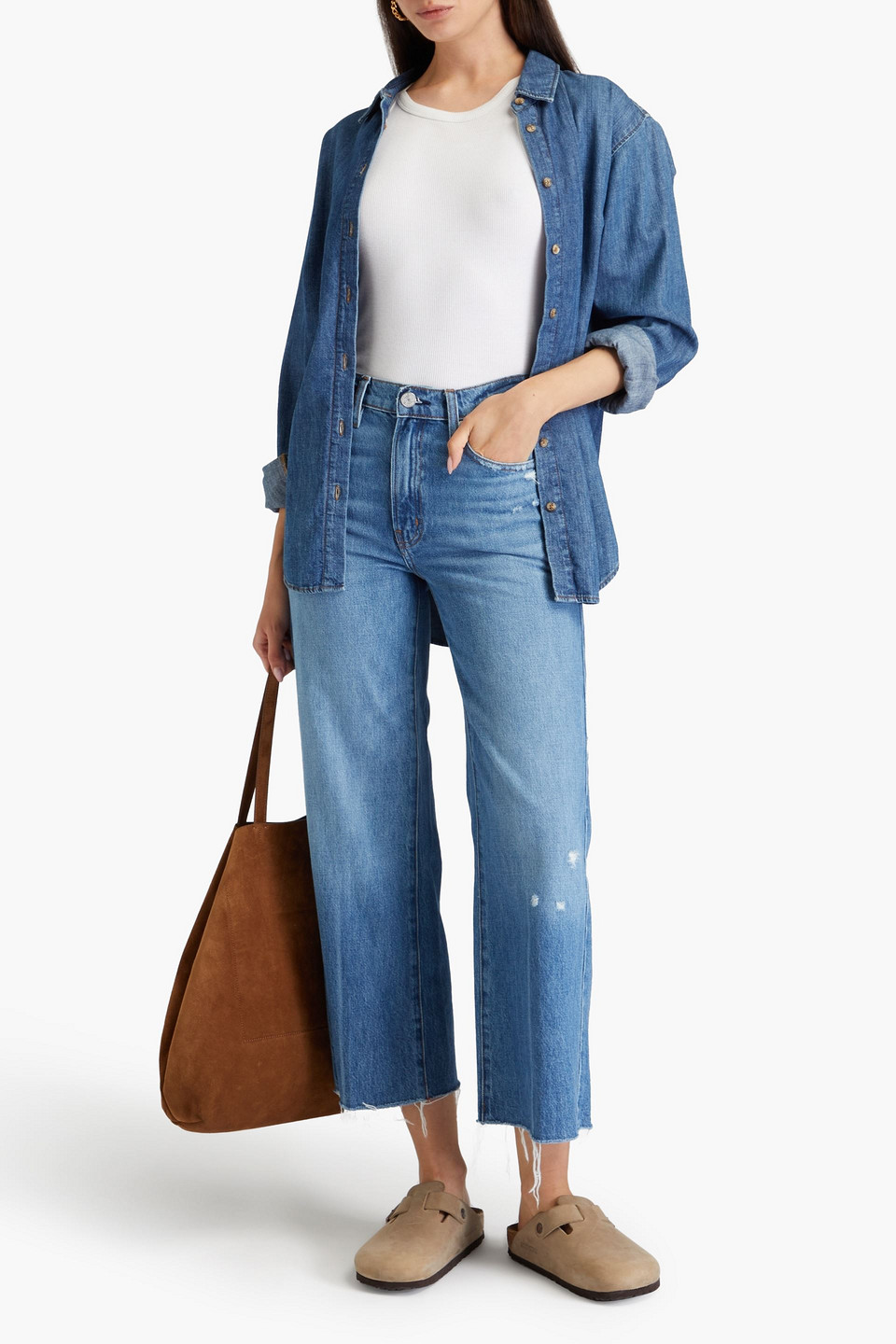 FRAME RELAXED STRAIGHT CROPPED DISTRESSED MID-RISE STRAIGHT-LEG JEANS 