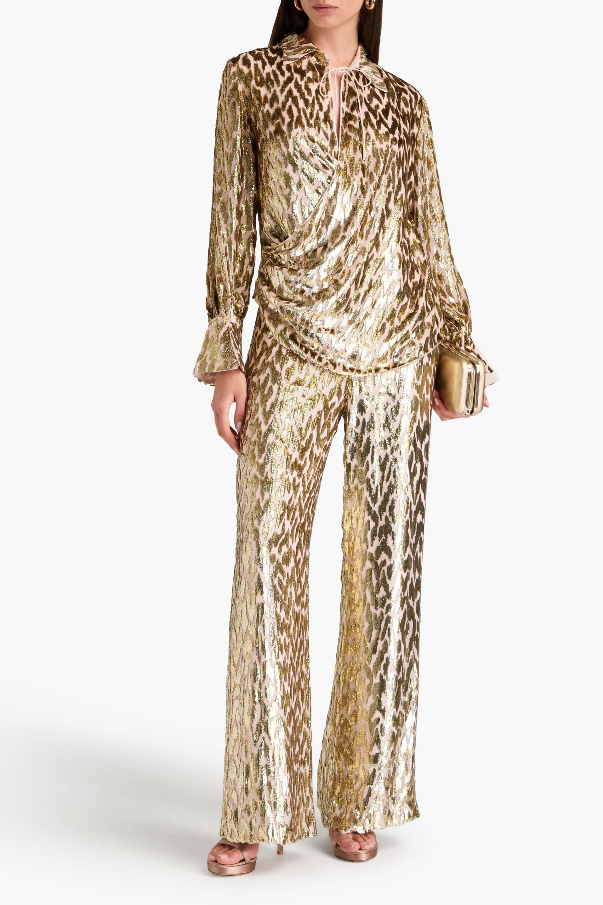 SIMKHAI Shivon metallic fil coupé Lurex and silk-blend wide-leg pants