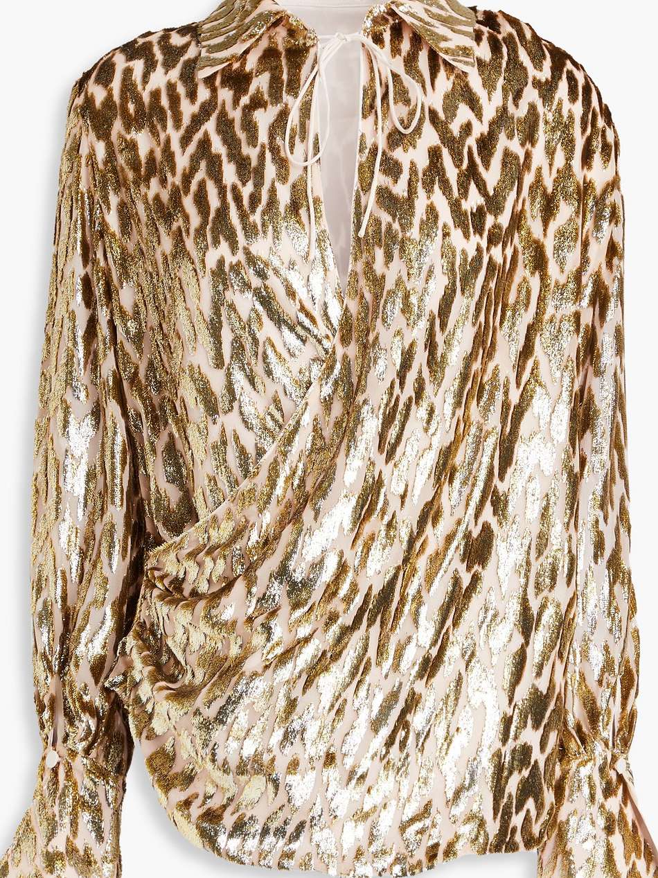 luella wrap-effect metallic fil coupé lurex and silk-blend blouse