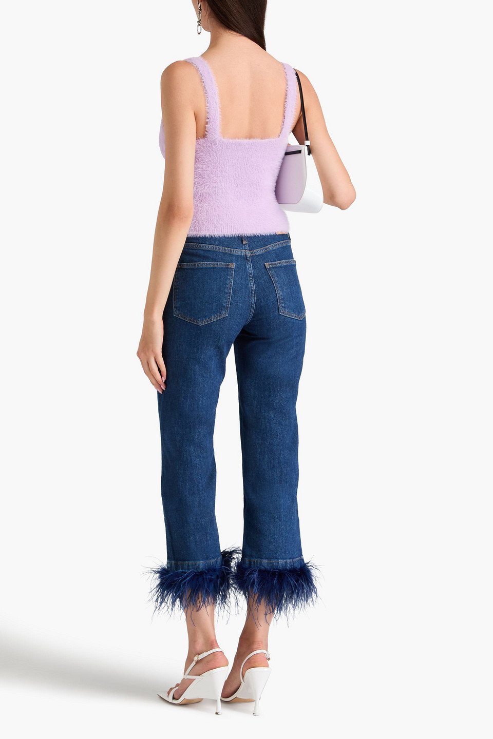 Simkhai Jude Cropped Feather-embellished High-rise Wide-leg Jeans In Dark Denim
