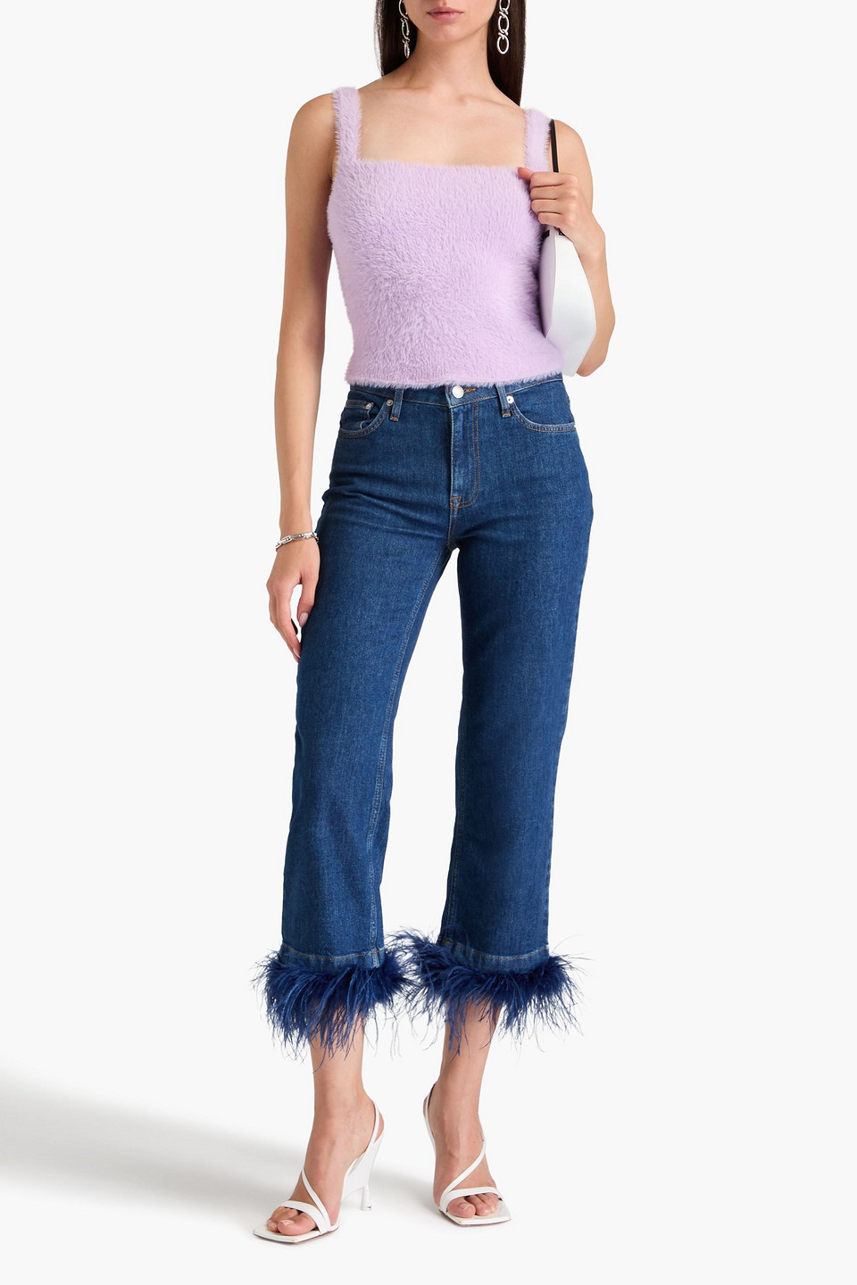 Simkhai Jude Cropped Feather-embellished High-rise Wide-leg Jeans In Dark Denim
