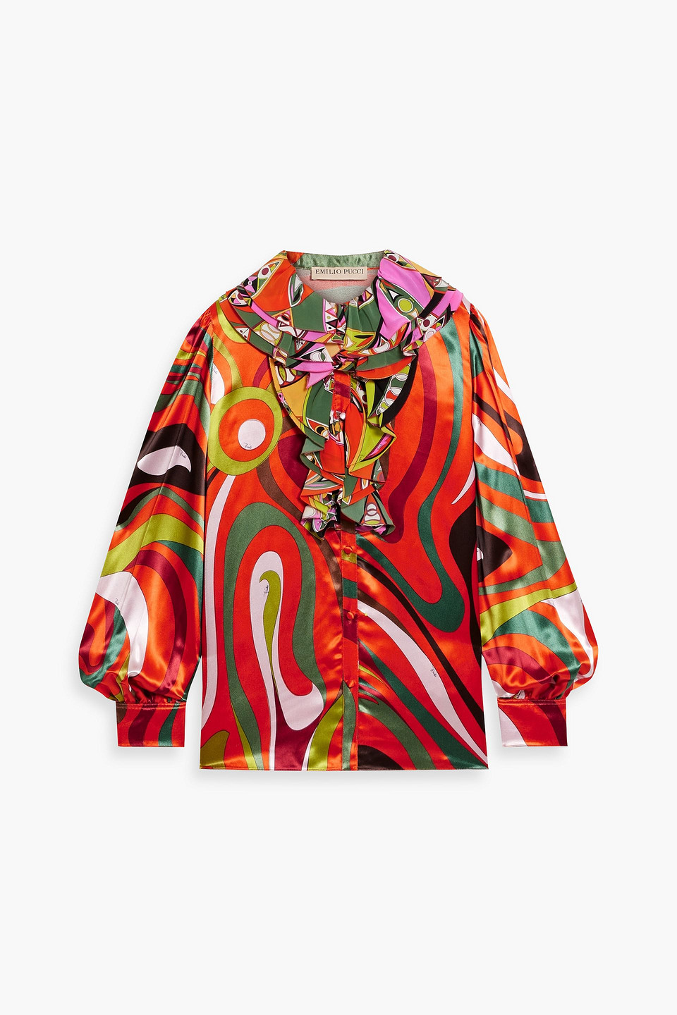Pucci Ruffled Printed Satin Blouse In Tomato Red