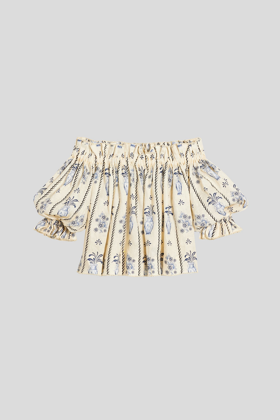 Agua By Agua Bendita Urucu Tinaja Off-the-shoulder Printed Linen-gauze Top In Ivory