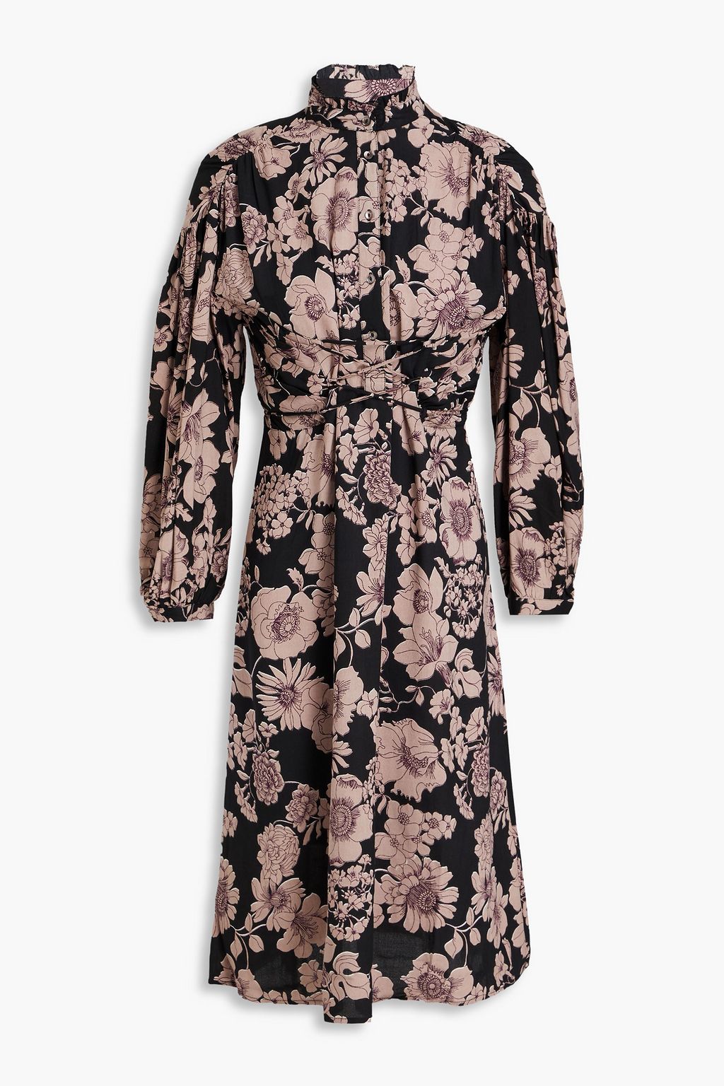Leonie lace up floral print woven dress mushroom FR 36