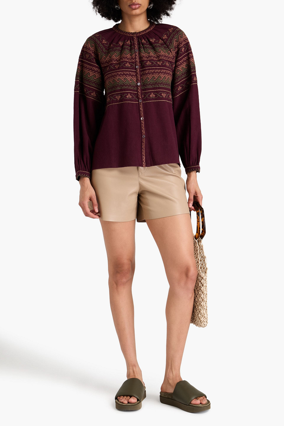 Antik Batik Luna Embroidered Cotton Blouse In Burgundy