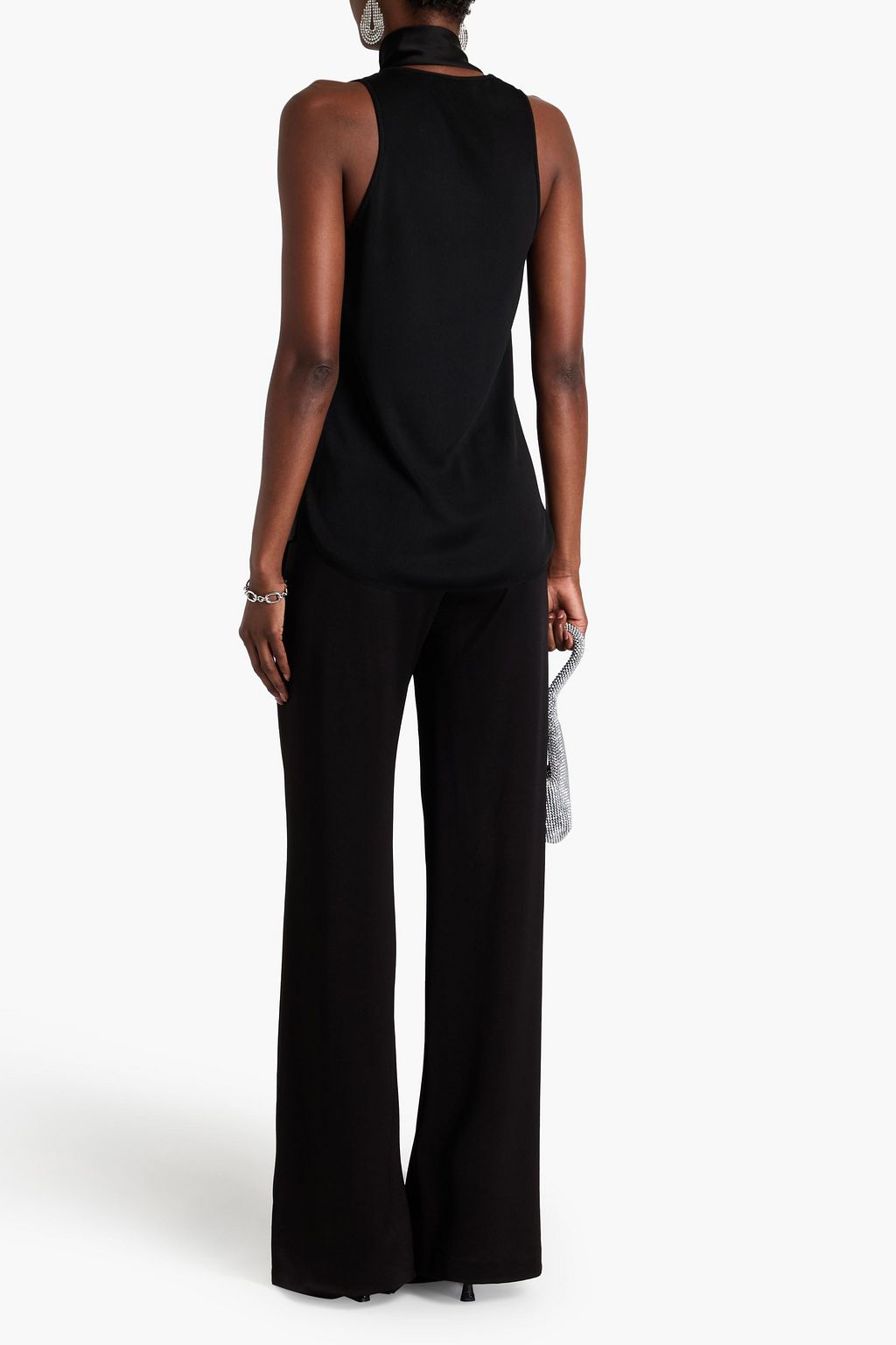 SIMKHAI McKinnon jersey-paneled tie-neck satin top