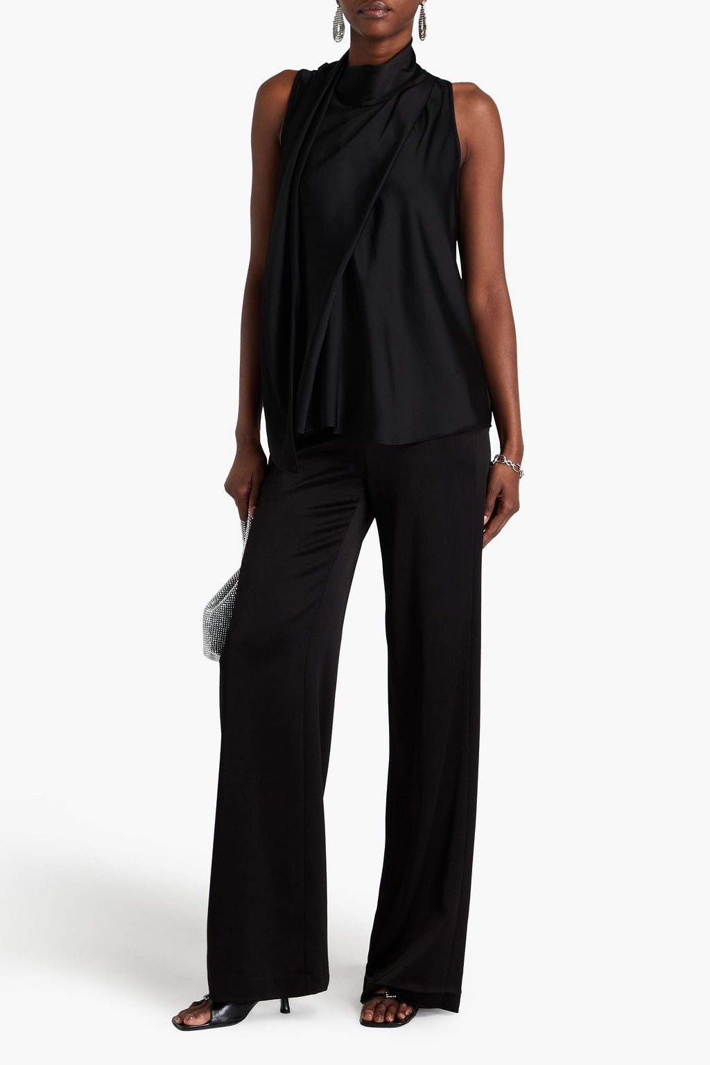 SIMKHAI McKinnon jersey-paneled tie-neck satin top