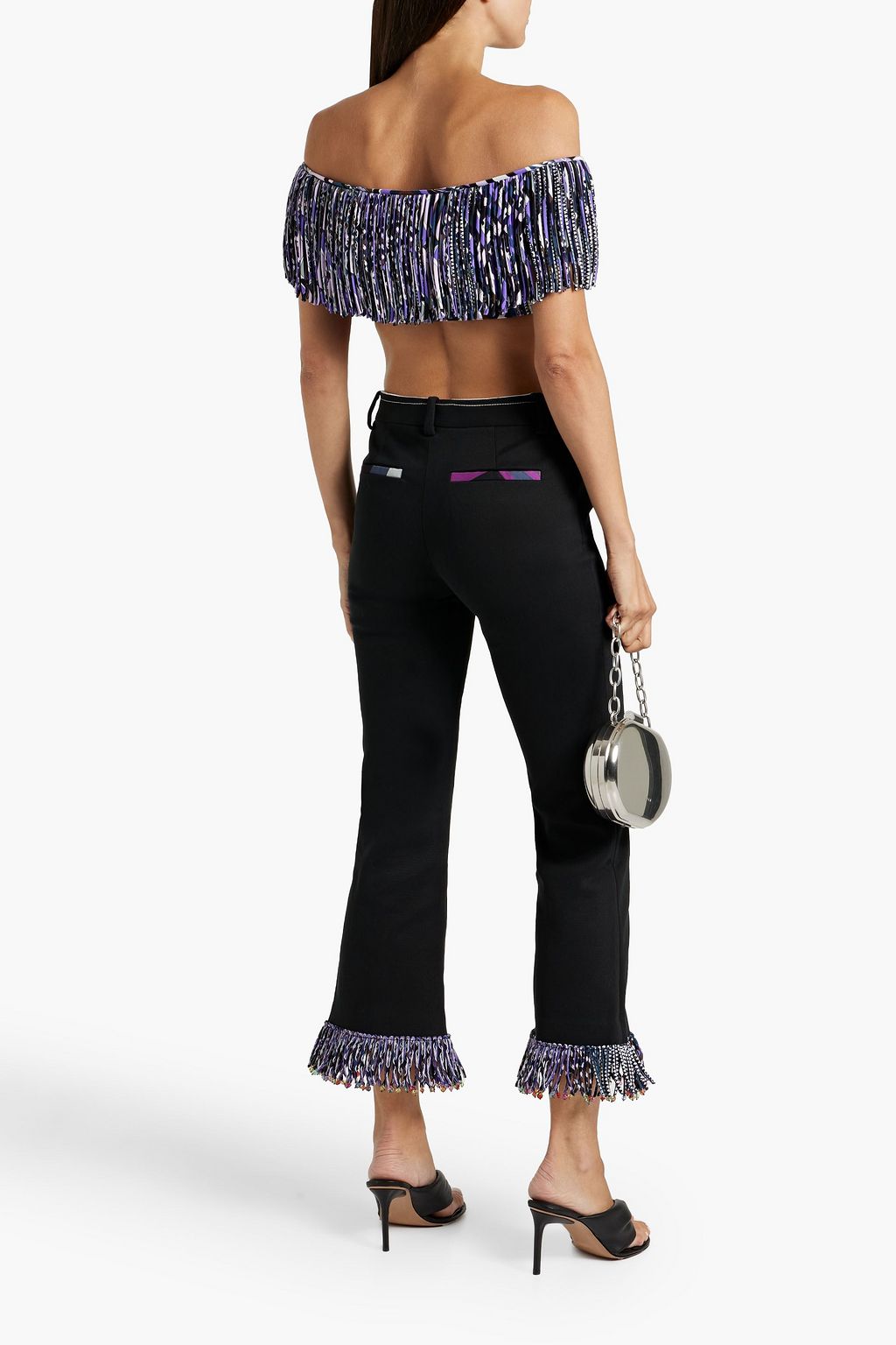 PUCCI Cropped off-the-shoulder printed fringed jersey top