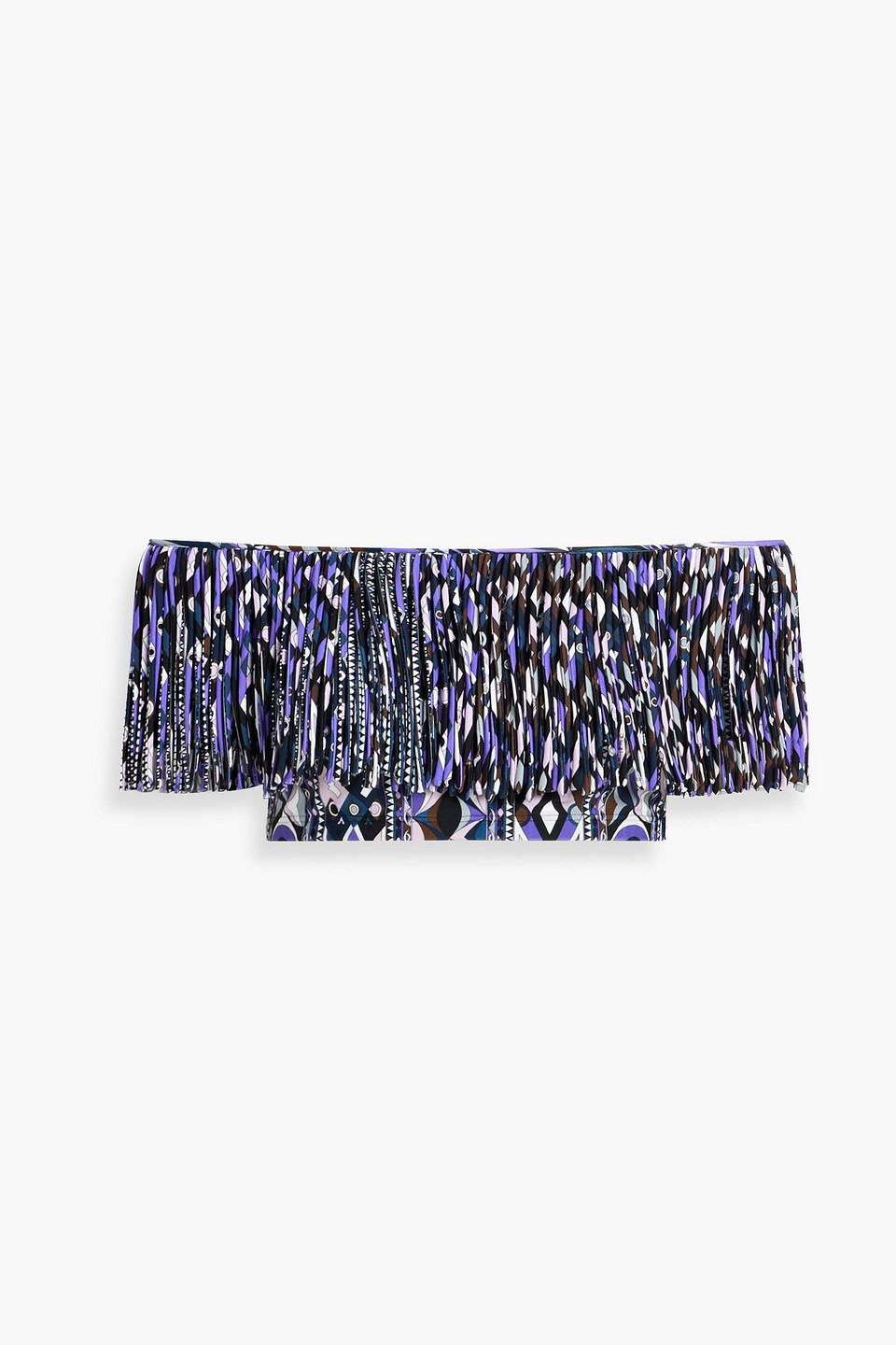 Pucci Cropped Off-the-shoulder Printed Fringed Jersey Top In Purple