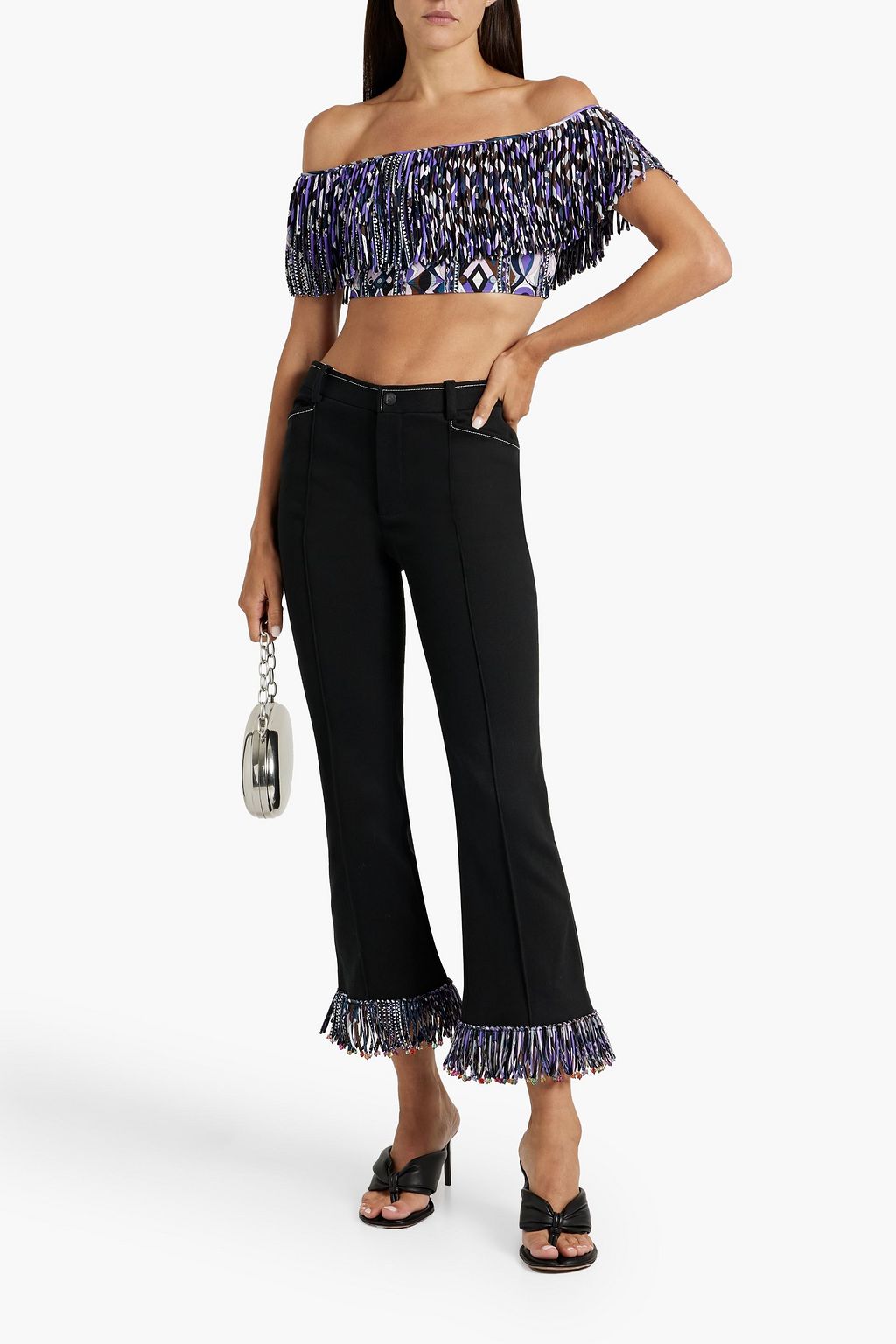 PUCCI Cropped off-the-shoulder printed fringed jersey top