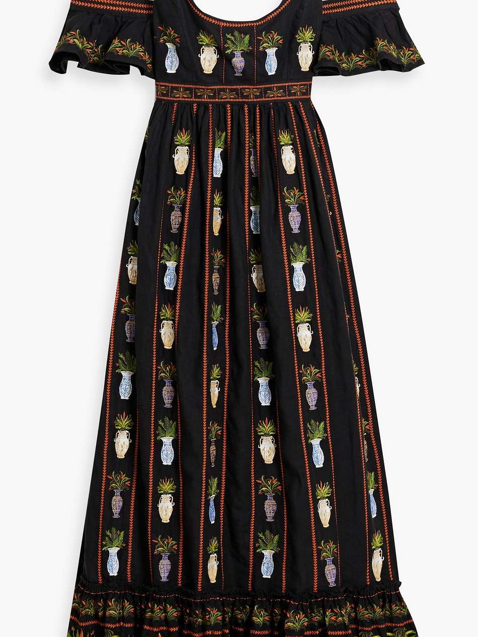 sueno anfora cold-shoulder embroidered linen maxi dress