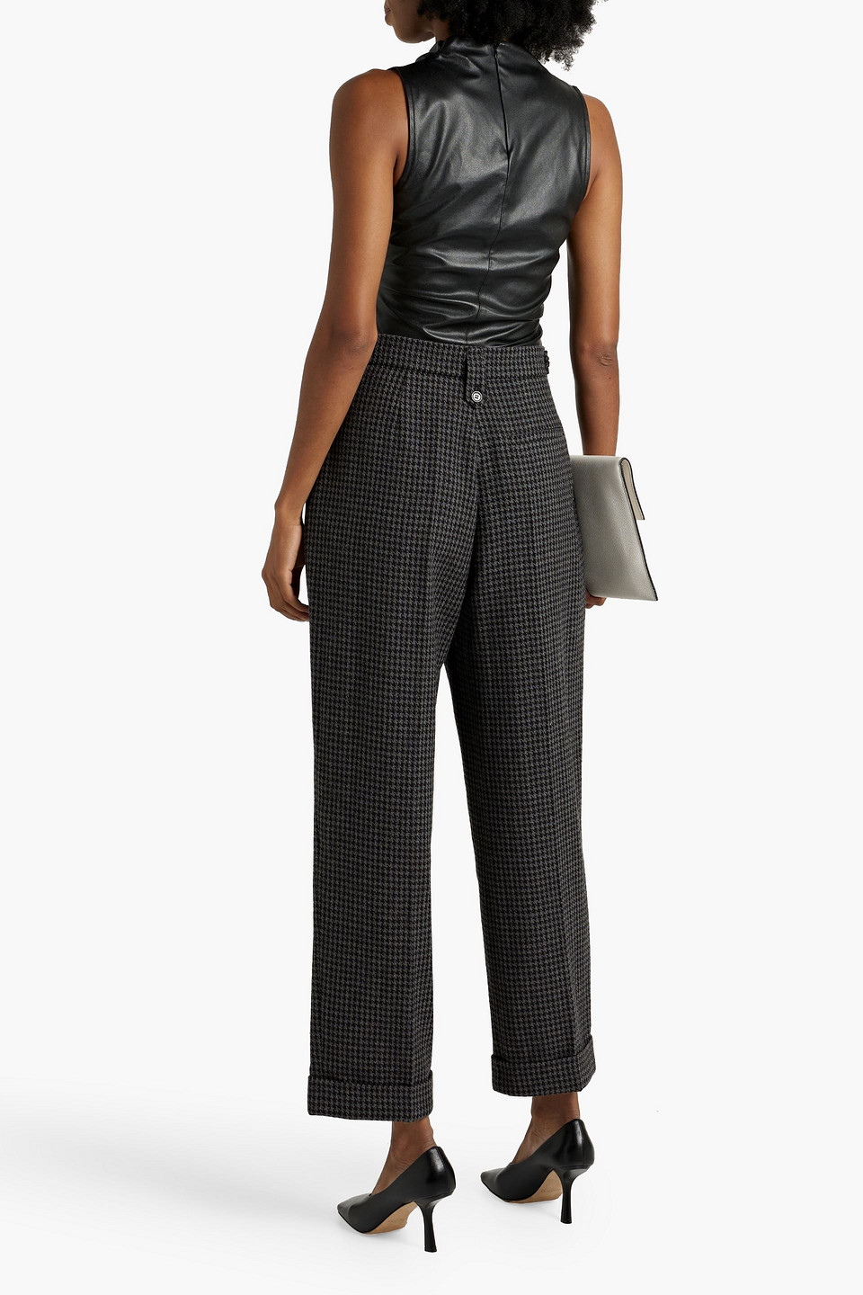 Nanushka Pleated Houndstooth Wool-blend Straight-leg Pants In Dark Gray