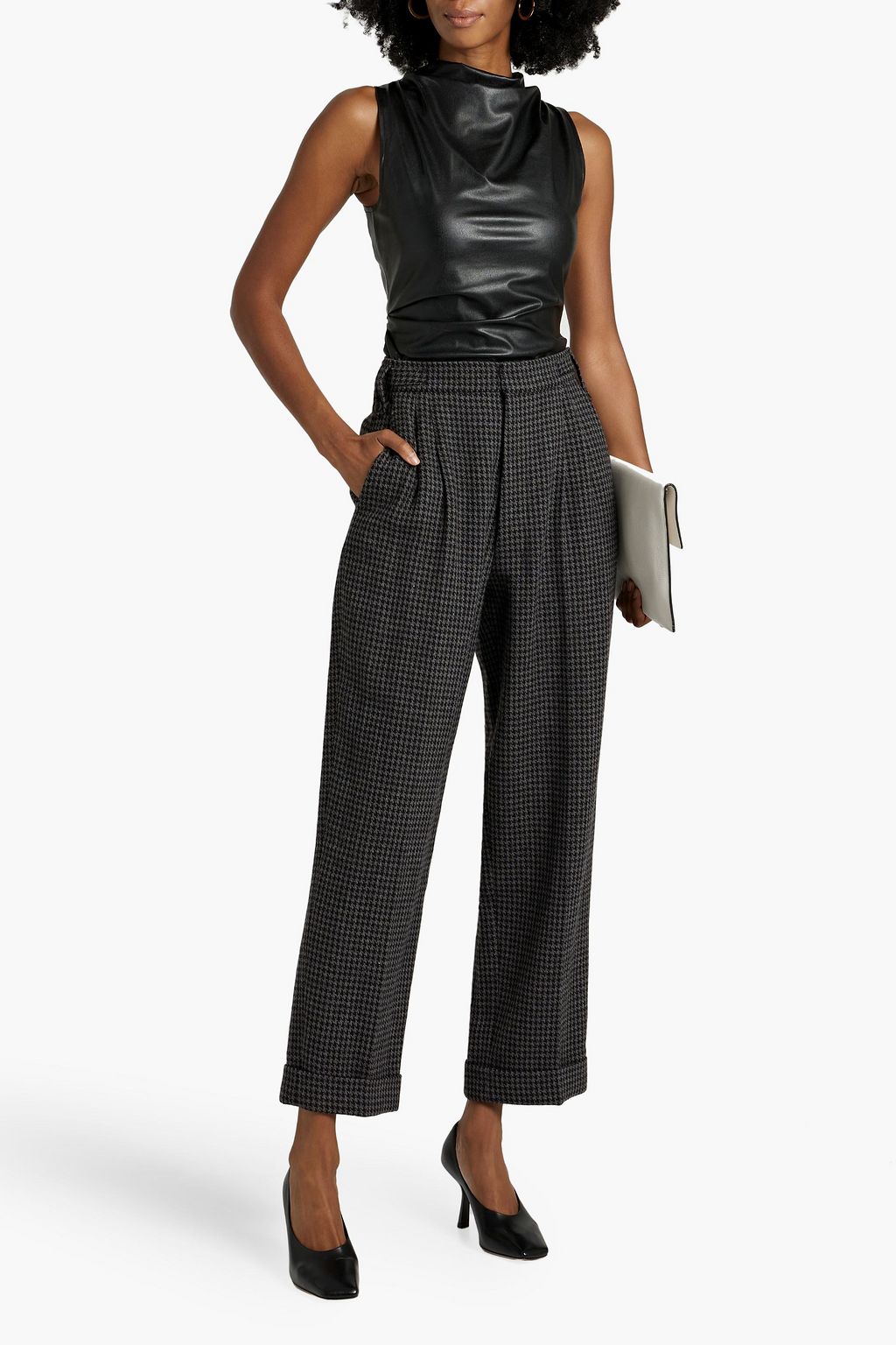 NANUSHKA Pleated houndstooth wool-blend straight-leg pants