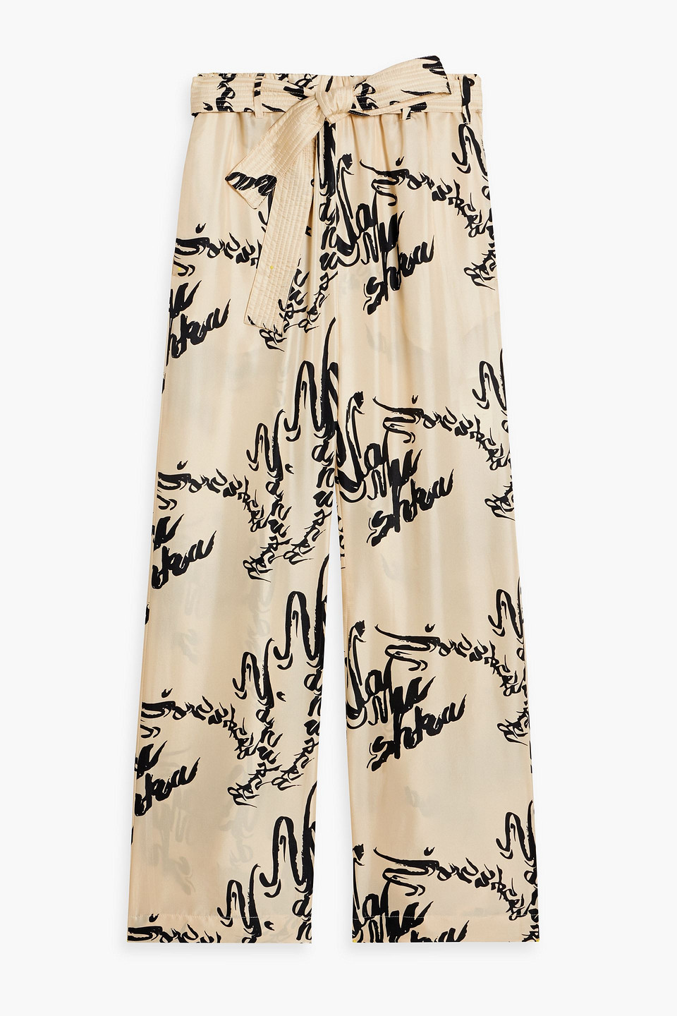 Nanushka Jarine Belted Printed Silk Wide-leg Pants In Cream