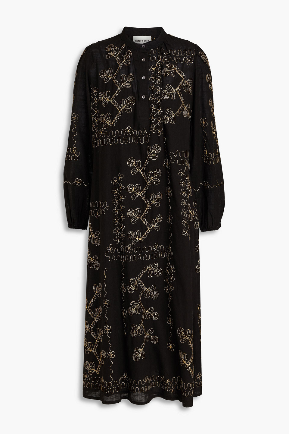 Antik Batik Oriane Metallic Embroidered Cotton-gauze Midi Dress In Black