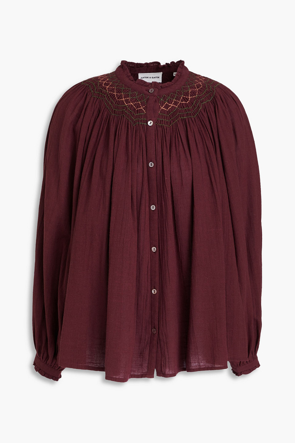 Antik Batik Daya Embroidered Cotton-gauze Blouse In Burgundy