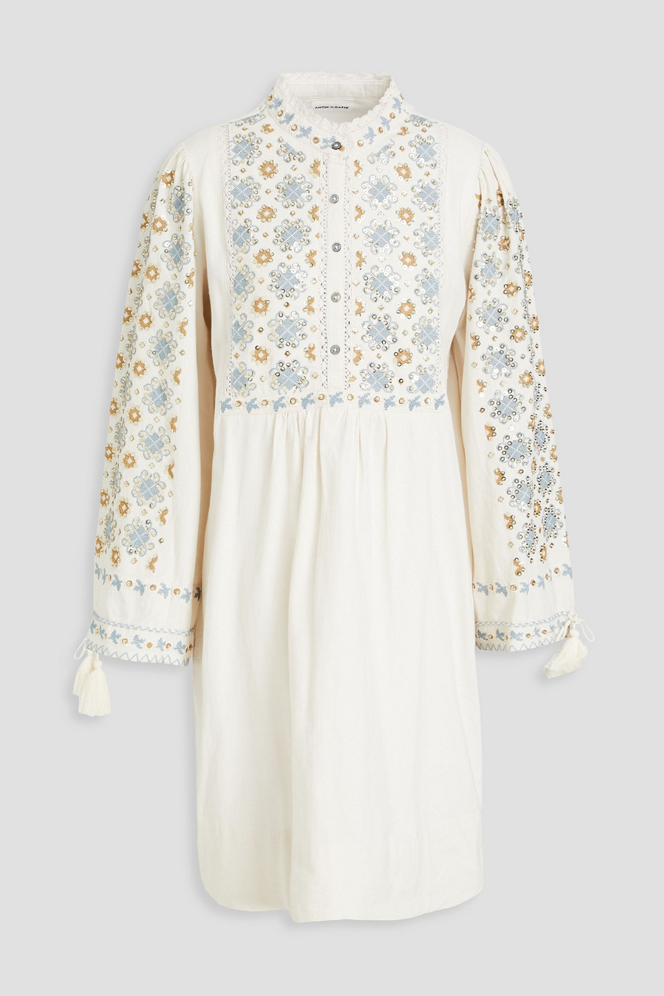 Antik Batik Joana Embellished Cotton Mini Dress In Ecru