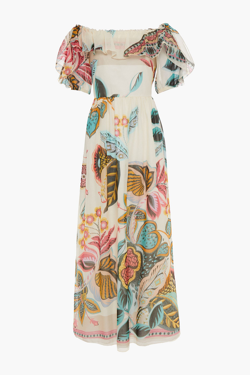 redvalentino - off-the-shoulder printed cotton and silk-blend jacquard maxi dress - white - it 42
