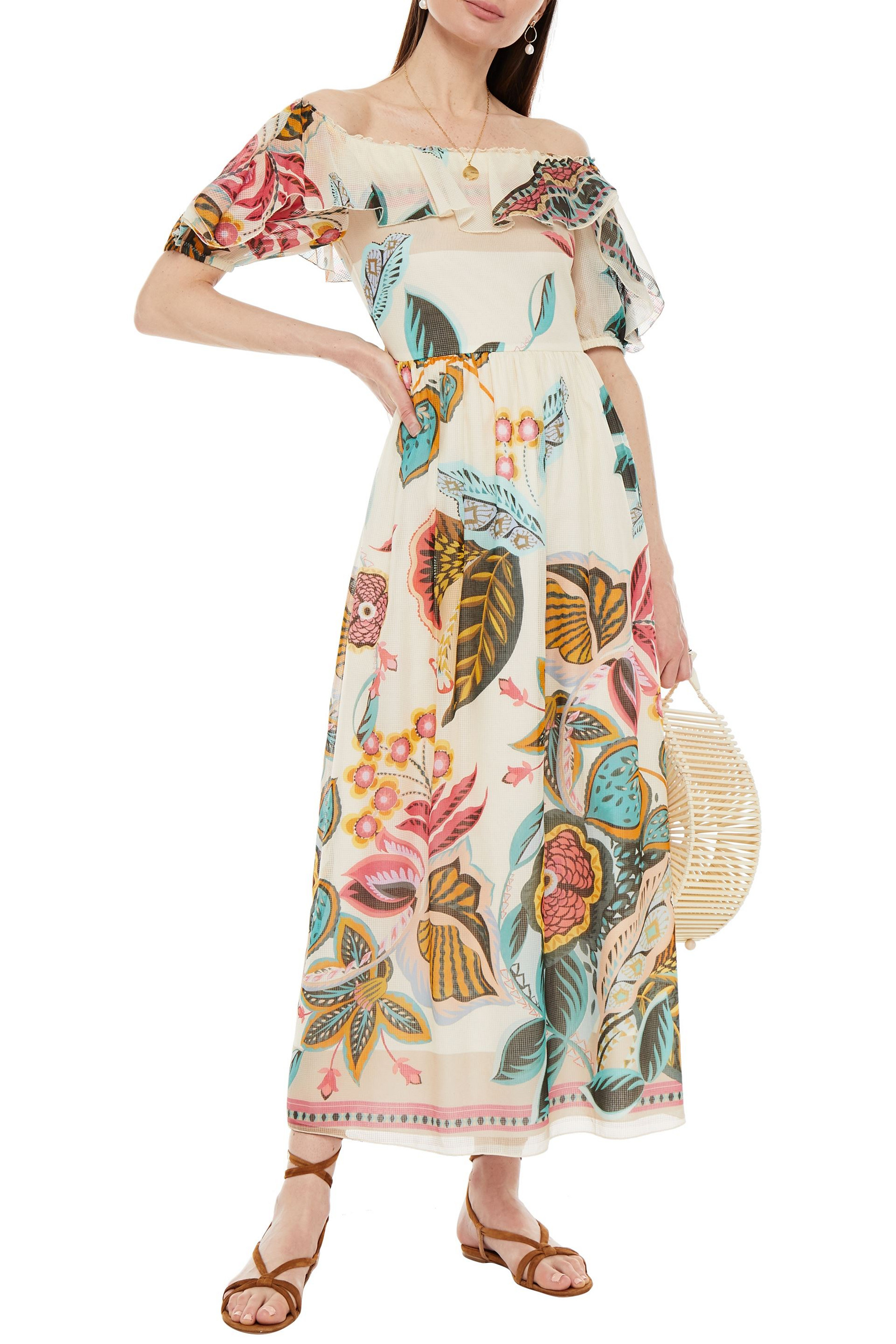 REDValentino Off-the-shoulder printed cotton and silk-blend jacquard maxi dress