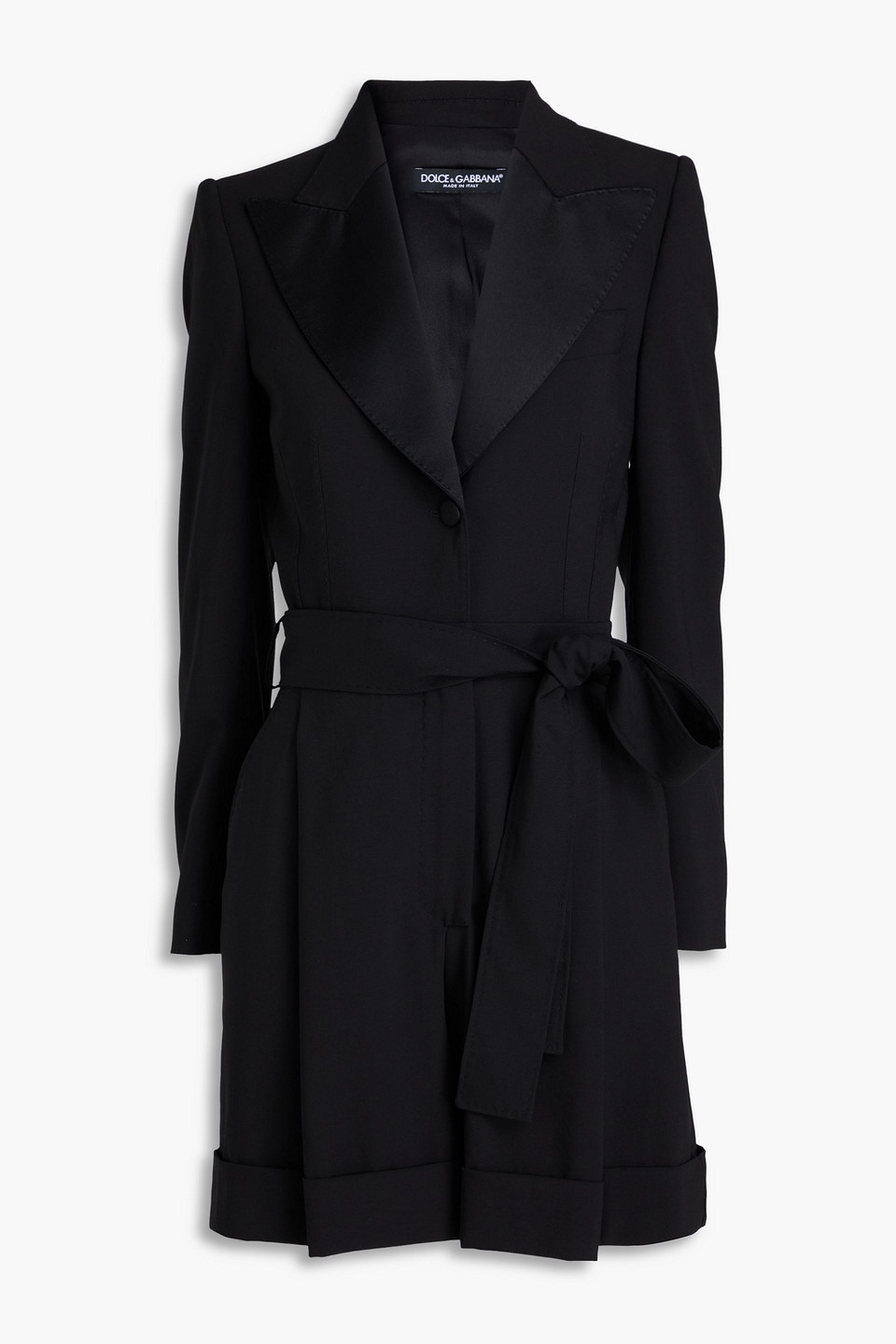 Dolce&Gabbana - Belted satin-trimmed wool-blend crepe playsuit - Black - IT 50