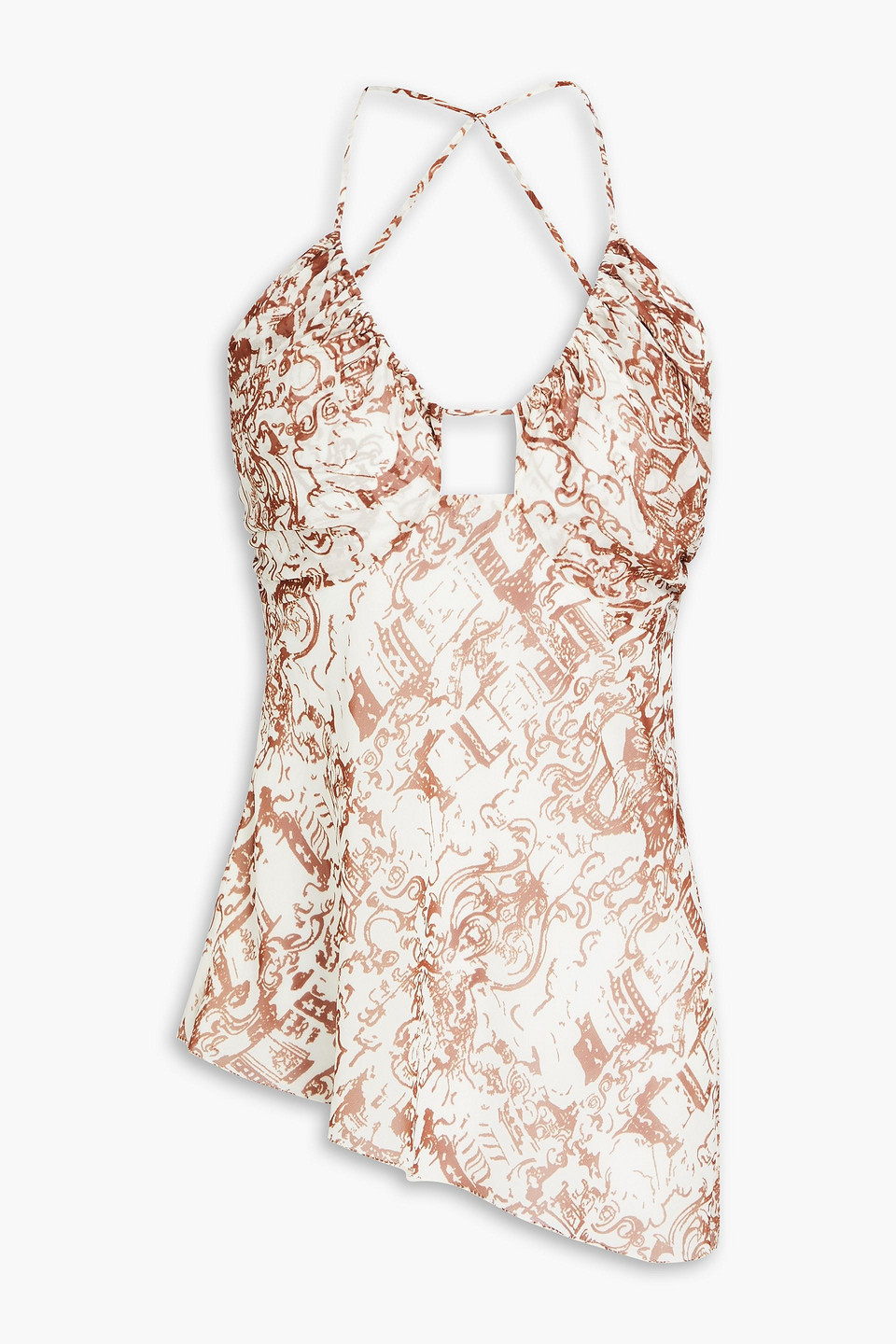 Rejina Pyo Mei Asymmetric Ruched Printed Chiffon Halterneck Top In Brown
