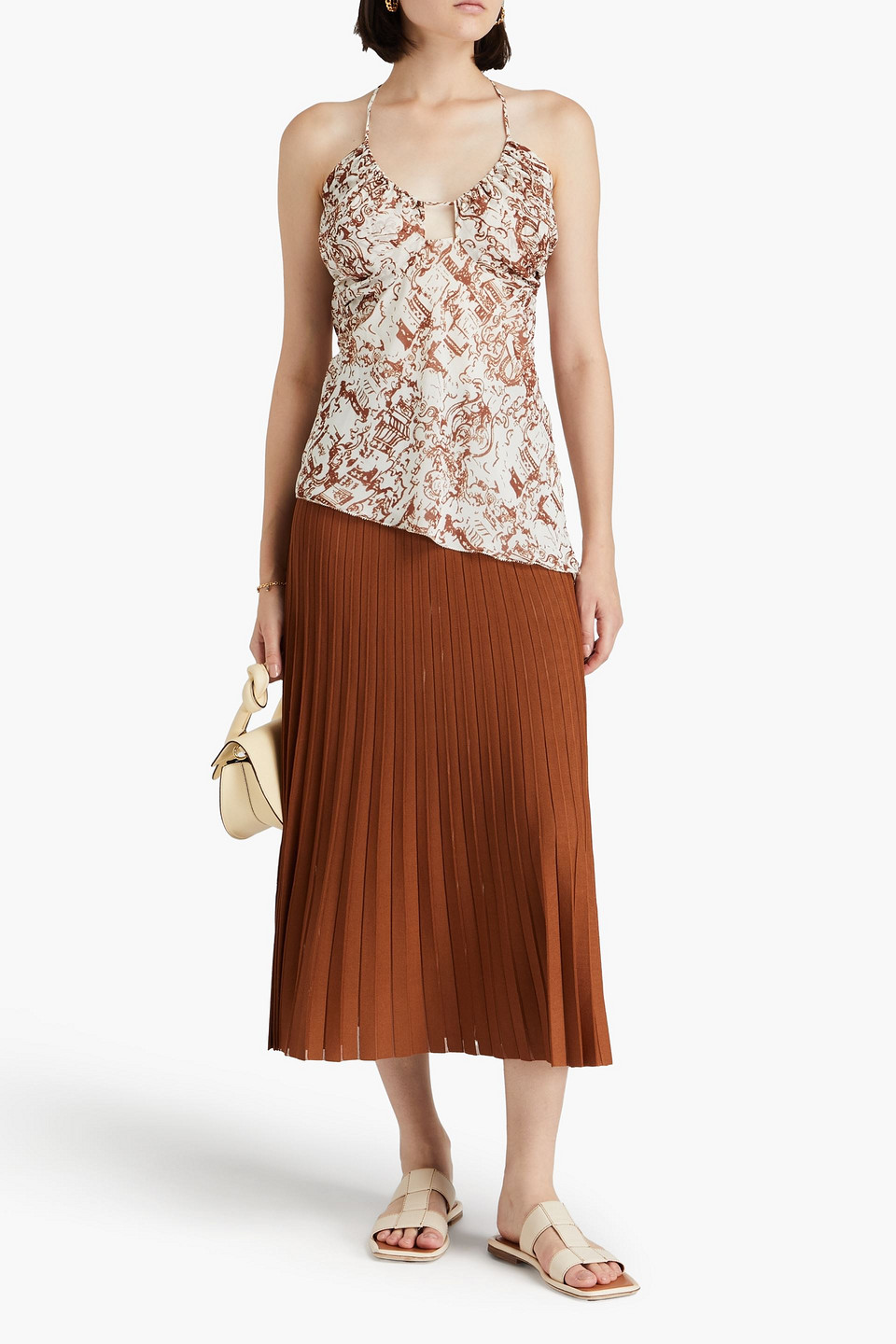  Rejina Pyo - Mei Asymmetrisches Neckholder-oberteil Aus Chiffon Mit Print Und Raffungen - Braun - Uk 6 