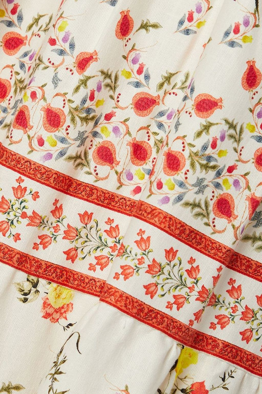 ALICE + OLIVIA تنورة متوسطة الطول Melony متدرجة الطبقات من مزيجٍ من الكتّان بطبعة أزهار