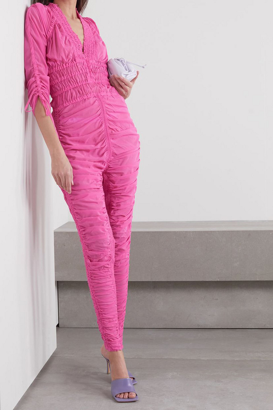 SLEEPING WITH JACQUES CHANTI RUCHED STRETCH-SILK CHIFFON JUMPSUIT