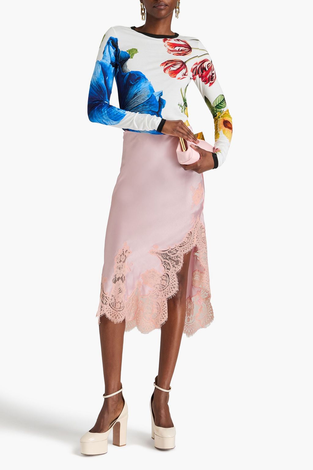 ALICE + OLIVIA تنورة متوسطة الطول مصنوعة من الساتان مع قطع محاكة بجانب بعضها البعض من الدانتيل