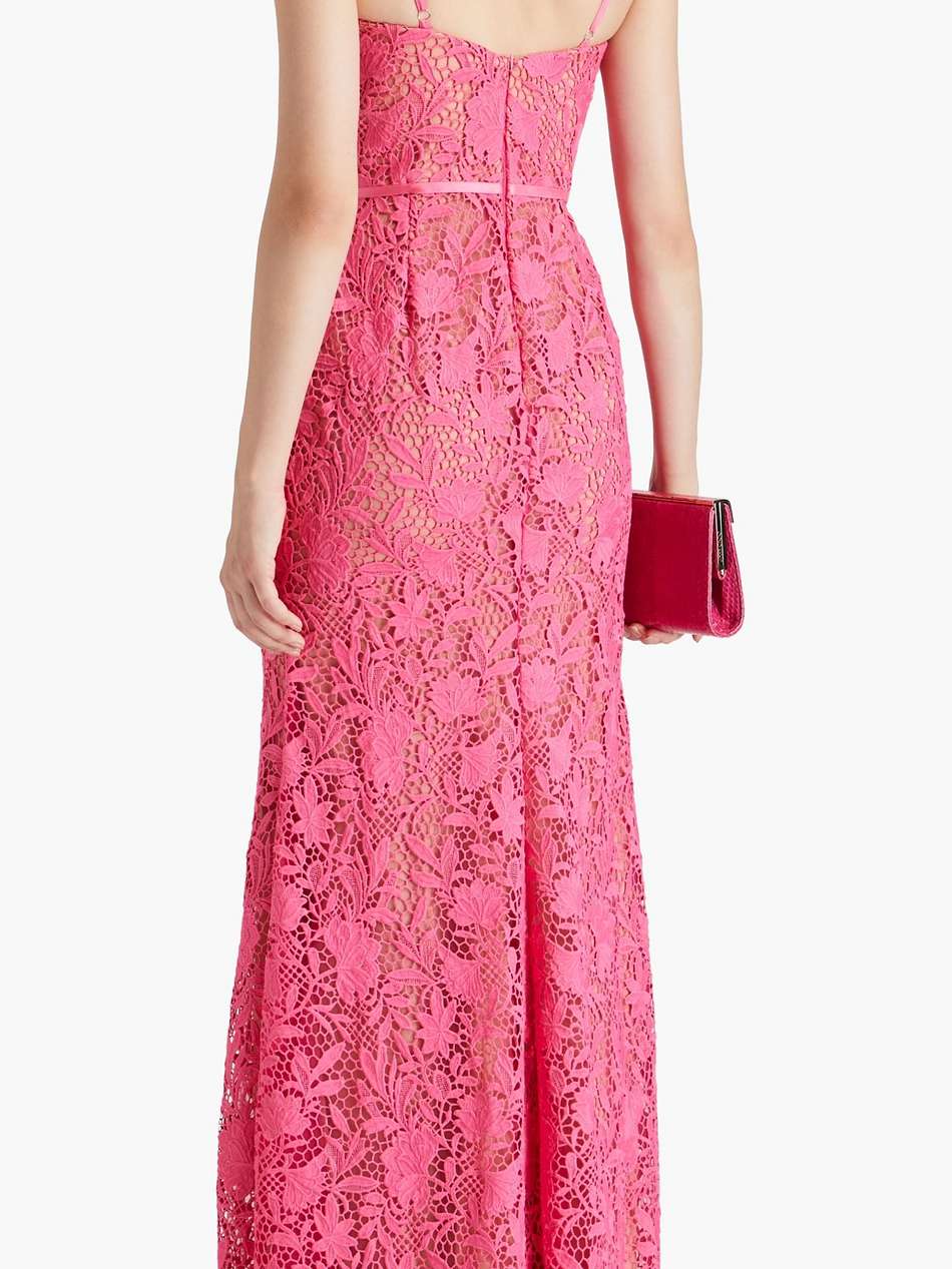 satin-trimmed guipure lace and tulle gown