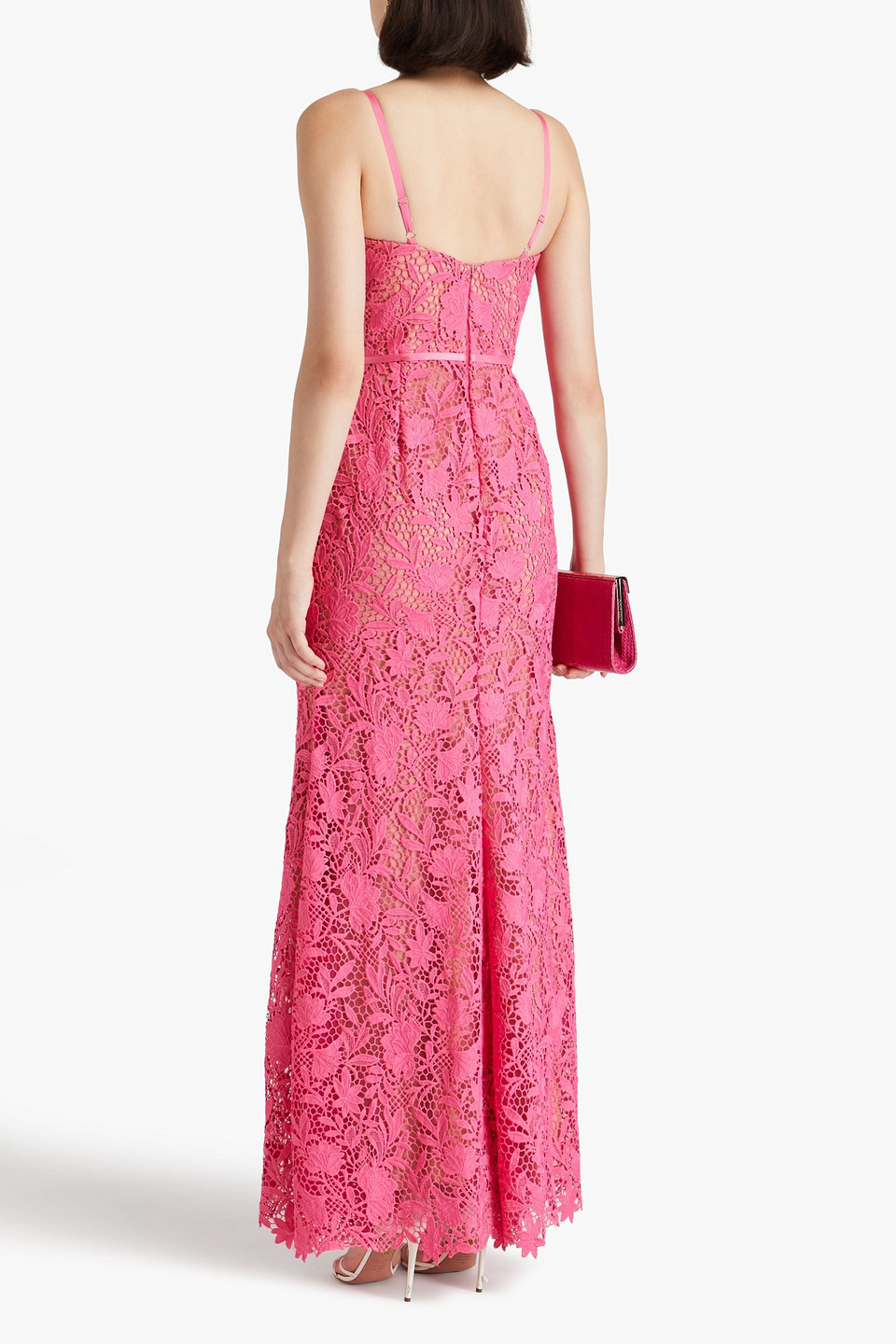 MARCHESA NOTTE SATIN-TRIMMED GUIPURE LACE AND TULLE GOWN