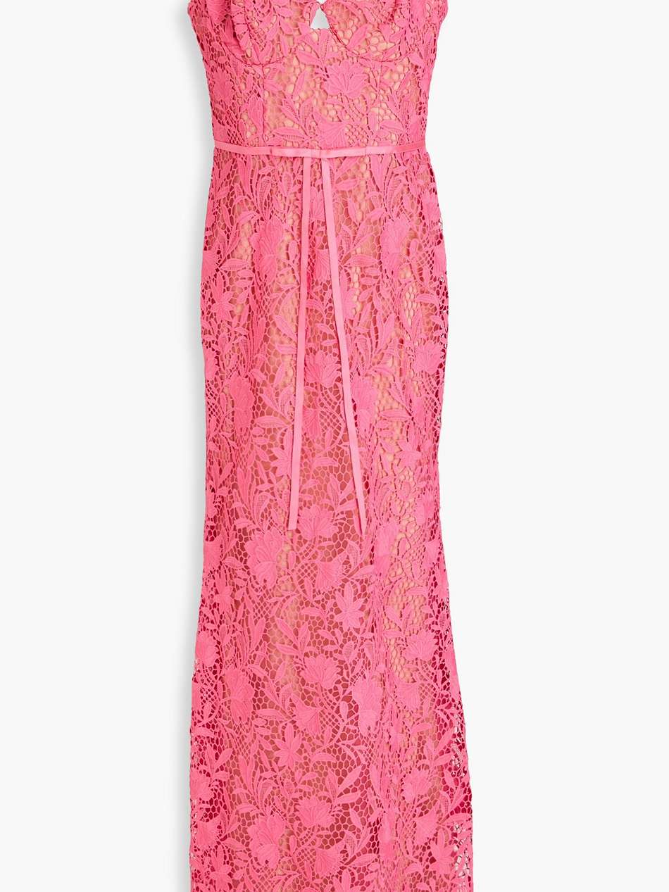 satin-trimmed guipure lace and tulle gown